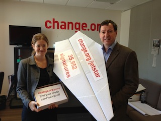 Klaus Bartosch with his 36,000-signature paper plane protest